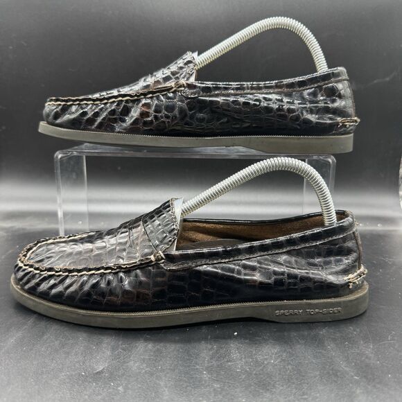 Sperry Top-Sider Womens 9.5M Slip On Shoes Brown Leather Moc Crocodile GUC - Picture 1 of 8
